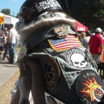 The back of his helmut says "If you can't ride with the big dogs, get back on the porch"